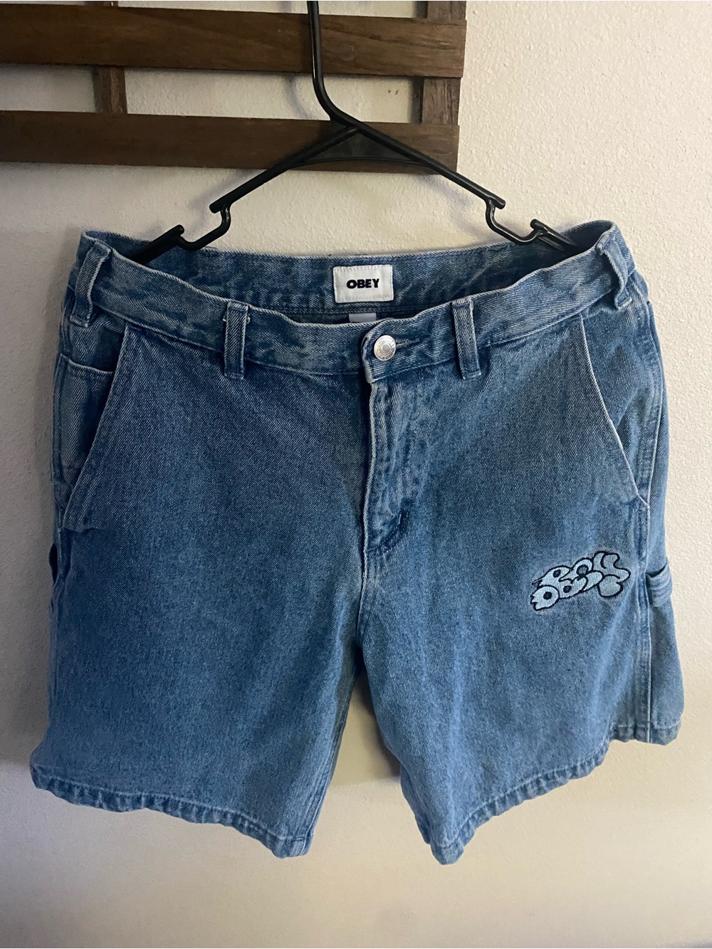 Obey Light Blue Denim Shorts with Embroidered Logo Size 28